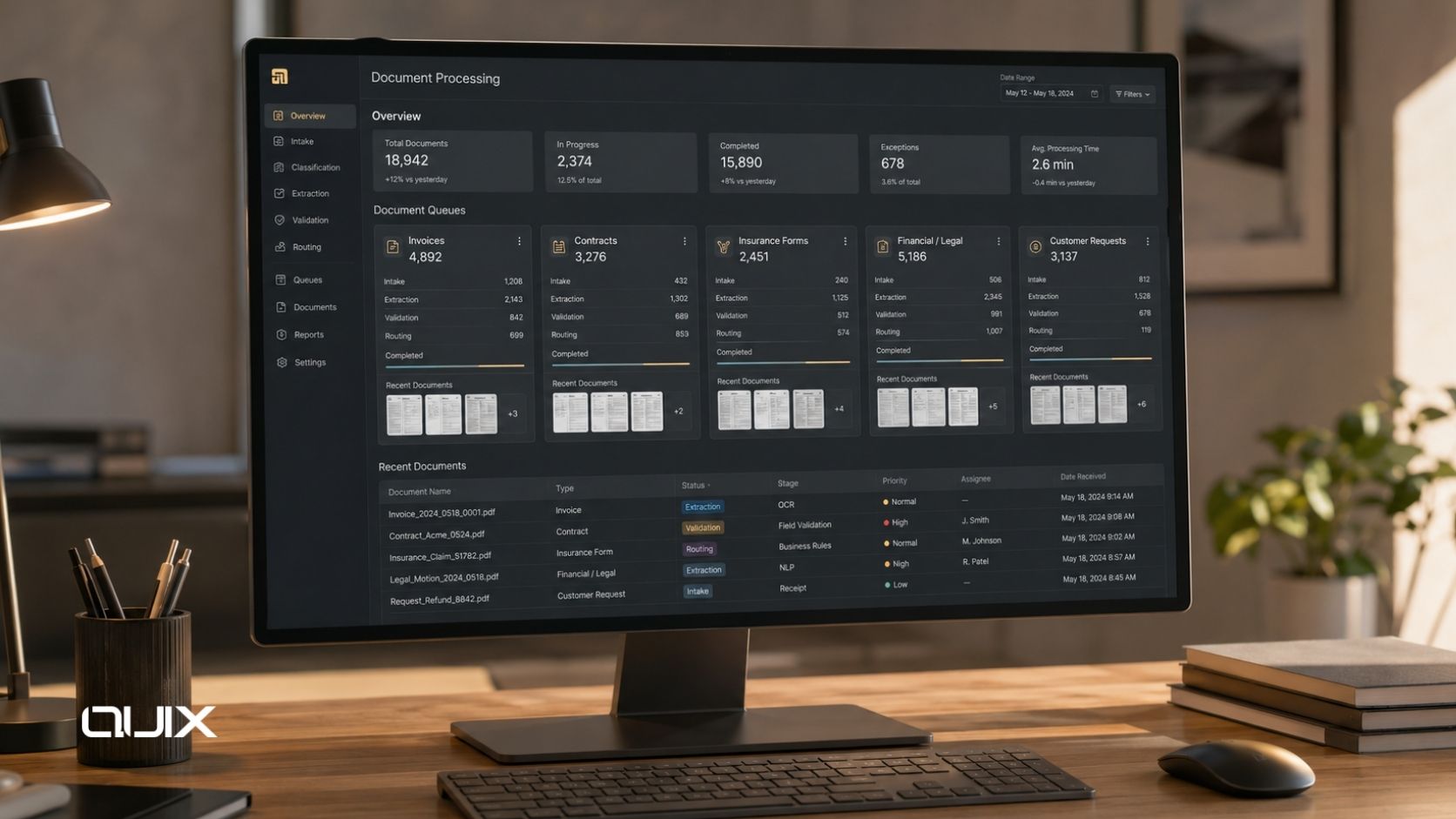 Abstract dark enterprise AI document processing pipeline showing document ingestion, extraction layers, and copper-gold validation and routing architecture.
