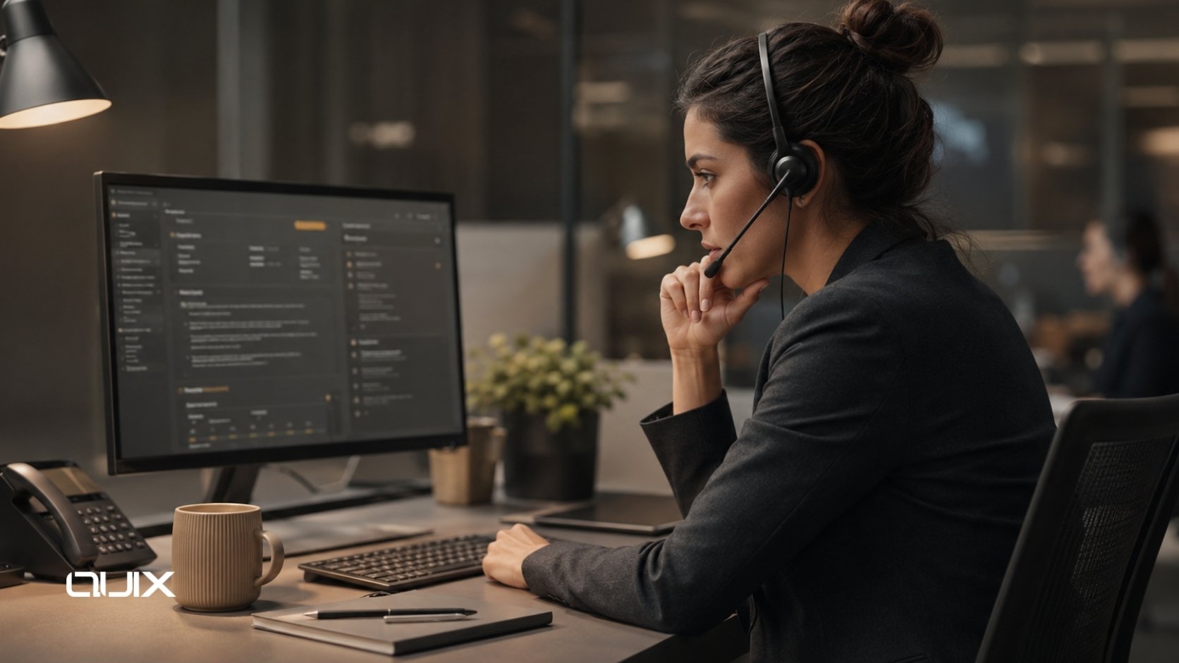 Abstract dark enterprise customer support AI architecture showing tiered resolution layers, escalation pathways, and copper-gold human-AI handoff design.
