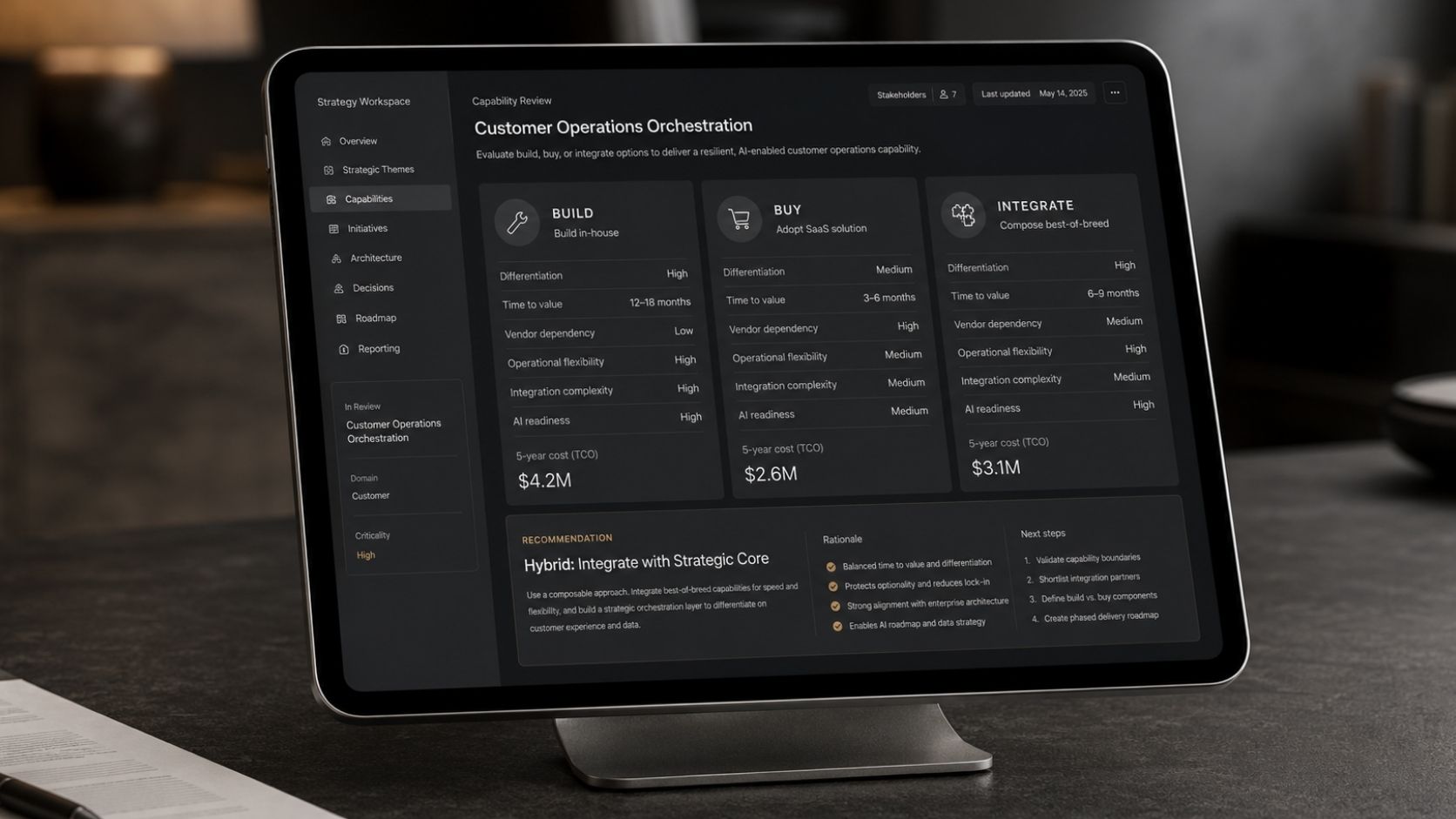 Premium build vs buy vs integrate visual showing three abstract enterprise system pathways converging into one connected digital architecture.
