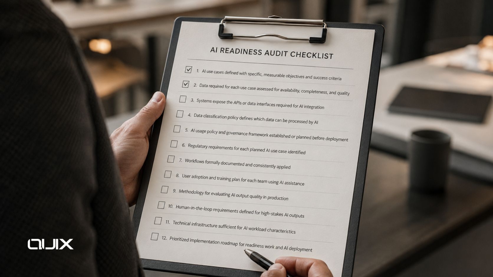 Abstract dark enterprise AI readiness audit framework showing assessment dimensions and copper-gold readiness scoring architecture.