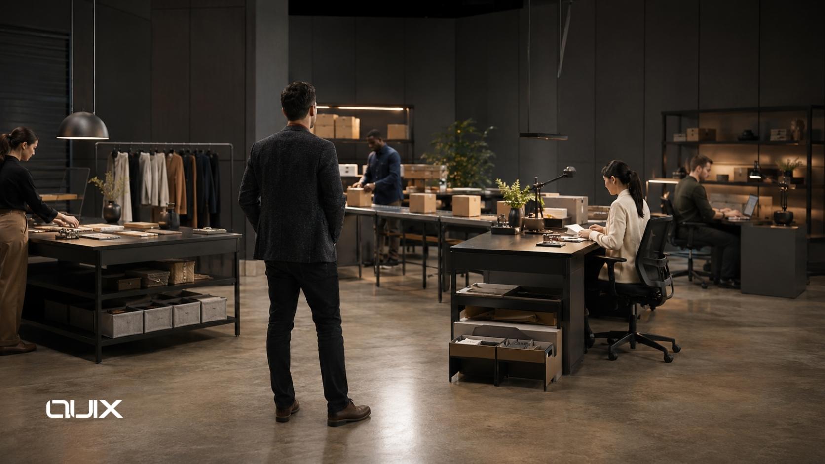 Minimal dark enterprise architecture layers connected by copper-gold data flows