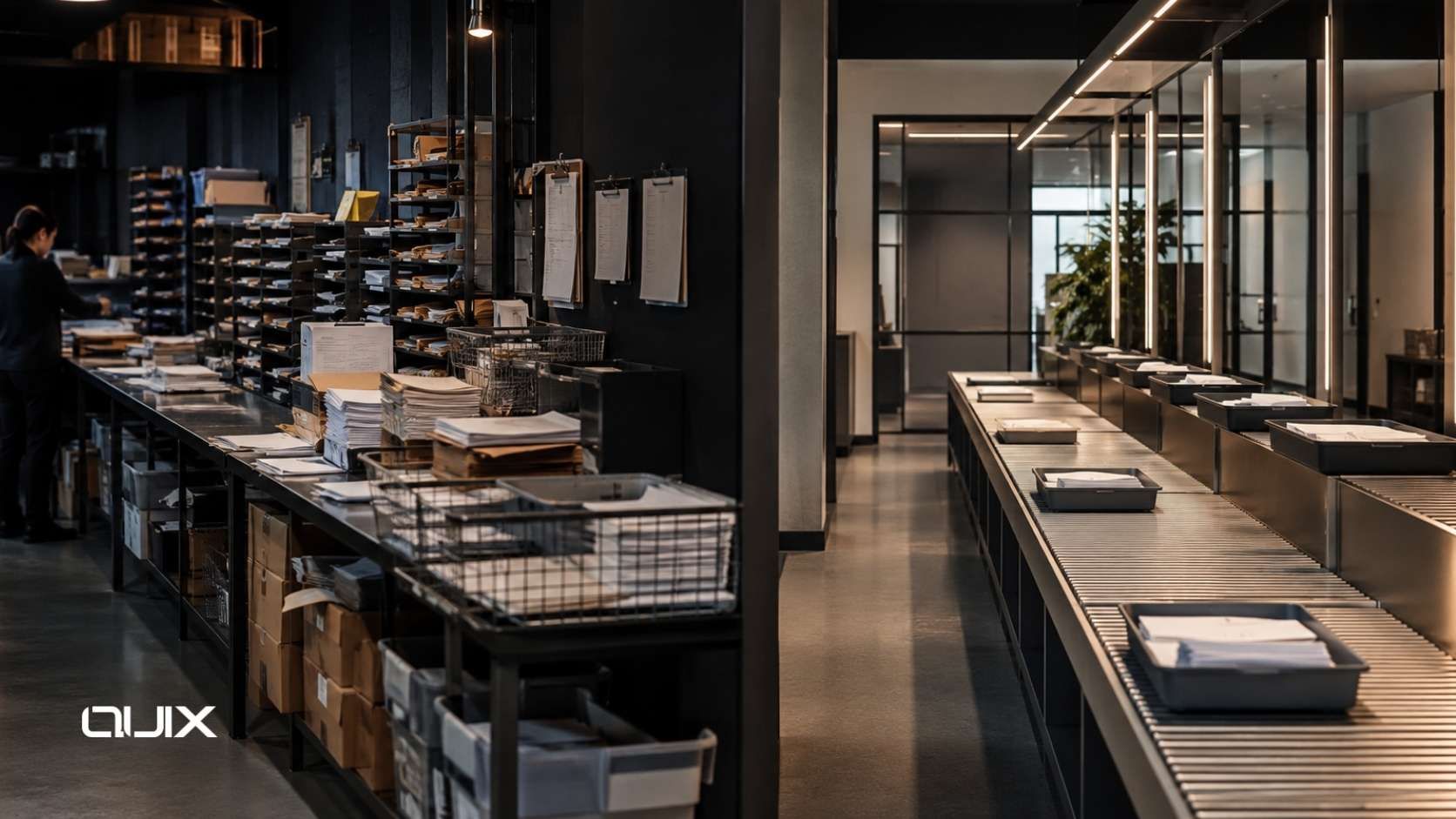 Premium abstract scalable enterprise systems visual with modular glass architecture, flowing copper-gold data paths, and expandable digital infrastructure.
