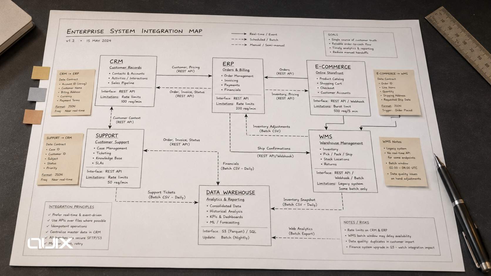 Abstract dark premium enterprise integration framework showing Quix methodology layers and copper-gold integration architecture.